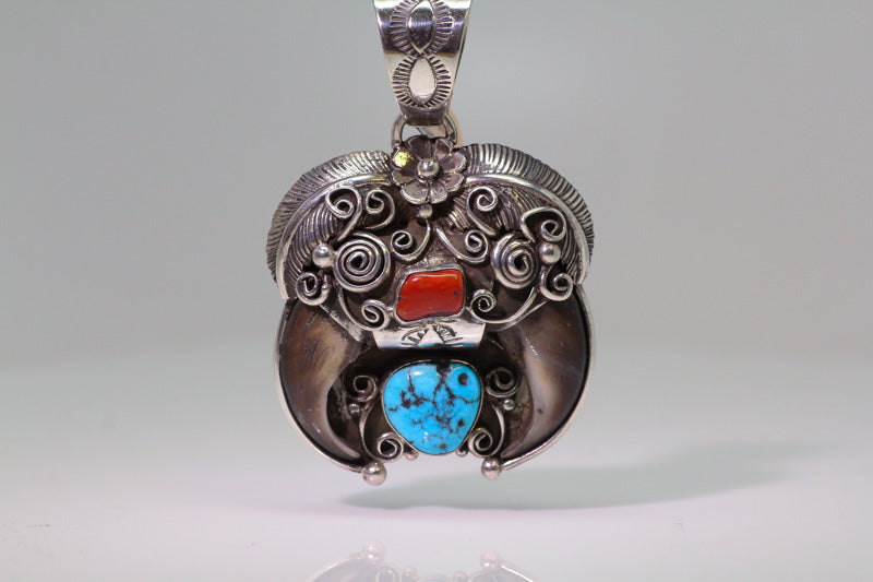 Bear claw sterling silver pendat w/ turquoise and coral Authentic signed RH